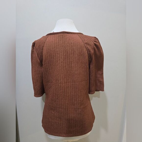 Max Studio London Ribbed Short Sleeve Knit Top NWT Cheastnut Brown - Picture 2 of 3